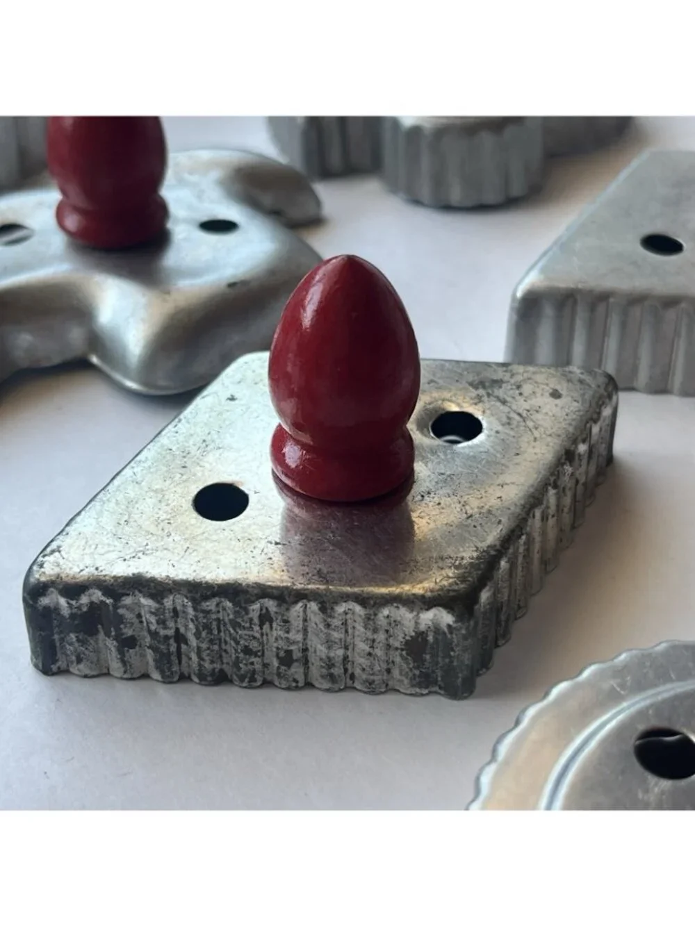 Vintage 12 Aluminum Cookie Cutters Red Handle Knobs Baking Retro Kitchen Decor